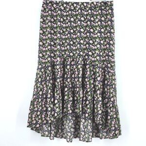 Ditsy Floral Print Midi Skirt Size XL Black Pull On Peasant Tiered Cottagecore